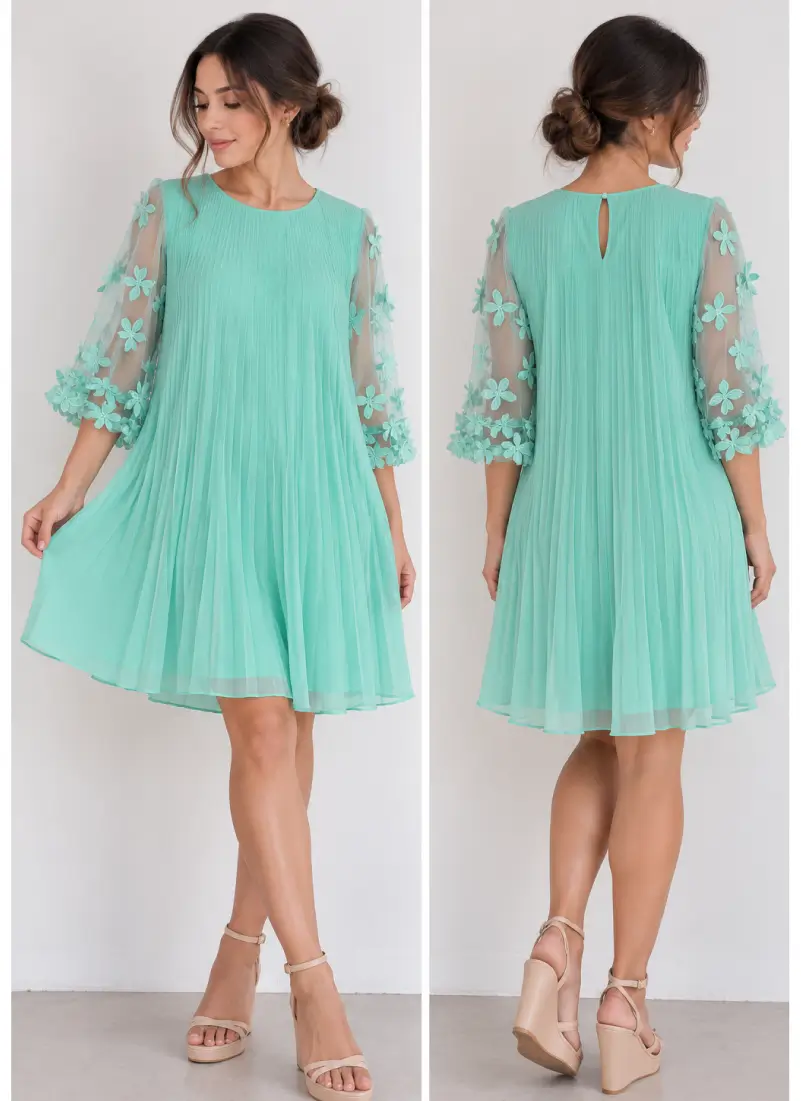 Vestido de cóctel verde menta con mangas de tul floral