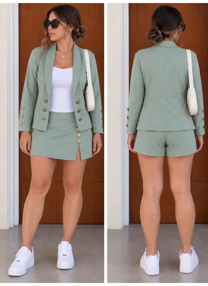 Conjunto blazer y falda short verde menta para mujer
